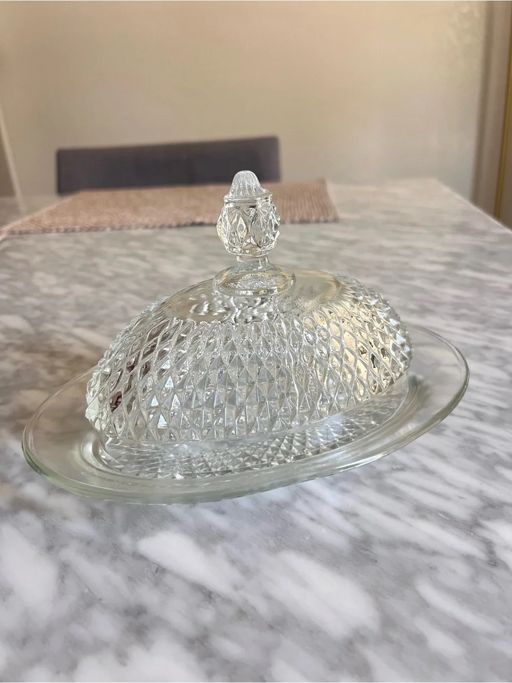 Vintage Clear Glass Covered Butter Dish with Diamond Pattern